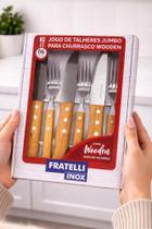 Conjunto Talheres Churrasco Madeira Grelha BBQ Churrasqueiro Aço Inox 6 Peças Conjunto Talheres Churrasco Madeira Grelha BBQ Churrasqueiro Aço Inox 6 Peças