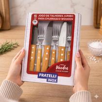 Conjunto Talheres Churrasco Madeira Grelha BBQ Churrasqueiro Aço Inox 6 Peças jumbo faca garfo inox madeira fratelli profissional gourmet rústico mesa