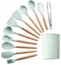 Conjunto Talheres de Silicone Madeira Kit 12 Peças Espátulas Colher Utensílio Cozinha