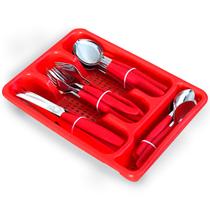 Conjunto Talheres Vermelho 24 Peças + Porta Talheres Aço Inox