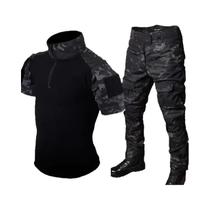 Conjunto Tático Masculino Preto Camuflado Com Blusa De Combate 1/4 Zip E Calças Duráveis Para