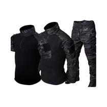 Conjunto Tático Masculino Preto Camuflado Com Blusa De Combate 1/4 Zip E Calças Duráveis Para