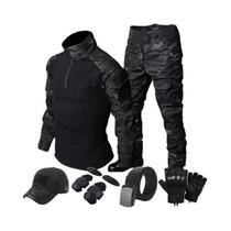 Conjunto Tático Masculino Preto Camuflado Com Top De Combate Com Zíper 1/4 E Calças Duráveis Para