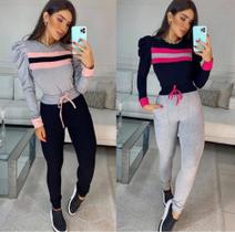 Conjunto Tecido Moletinho calca preta e blusa cinza tamanho M