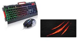 Conjunto Teclado Acabamento em Metal Preto + Mouse + Mouse Pad Monstro 70x35cm