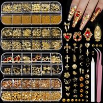 Conjunto Teenitor de Adornos para Unhas Dourados 4 Caixas com Strass 3D Conjunto Teenitor de Adornos para Unhas Dourados 4 Caixas com Strass 3D