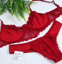 Conjunto Tereza Vermelho com Sutiã com aro e calcinha com detalhes em renda Cor Vermelha - lingerie rj