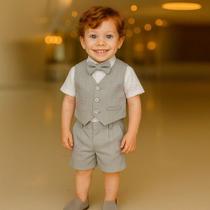 Conjunto Terno Social Infantil Menino Bermuda Camisa Manga Curta E Colete Bebê Pajem Batizado de RN a 06 Anos