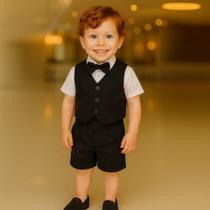 Conjunto Terno Social Infantil Menino Bermuda Camisa Manga Curta E Colete Bebê Pajem Batizado de RN a 06 Anos