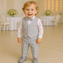 Conjunto Terno Social Infantil Menino Calça Camisa Manga Longa E Colete Bebê Festa Aniversario Pajem Batizado de 06 Mese