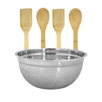 Conjunto Tigela Aço Inoxidável Mixing Colheres Bambu Resistente