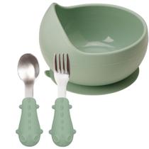 Conjunto Tigela Bowl Com Ventosa Talheres Em Silicone E Inox Verde Buba