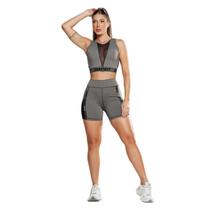 Conjunto Top Academia Feminino Decote Vazado Shorts Biker Anatômico Modelador Alta Compressão UV50+ Conjunto Top Academia Feminino Decote Vazado Shorts Biker Anatômico Modelador Alta Compressão UV50+