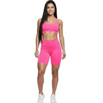 Conjunto Top Alça Fina e Bermudinha Suplex Vekyo Roupa Para Academia Fitness Musculação Treino Cor:RosaTamanho:GGGêner