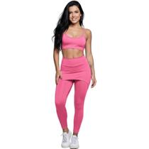 Conjunto Top Alça Fina E Calça Saia Suplex Bella Fiore Roupa Para Academia Moda Fitness Musculação Cor:RosaTamanho:GGê