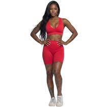 Conjunto Top Com Bojo e Bermudinha Bella Fiore Roupa Para Academia Treino Moda Fitness Musculação Cor:VermelhoTamanho:G