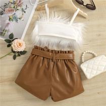 Conjunto Top com Plumas e Short de Couro Menina Moda Casual Verão Blogueirinha Conjunto Top com Plumas e Short de Couro Menina Moda Casual Verão Blogueirinha