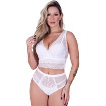 Conjunto Top Cropped Calcinha Hot Pant Feminino Clamar Tulle e Renda - 1820