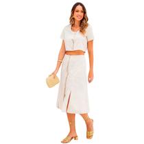 Conjunto top cropped e saia com fendas botões em linho premium elegante