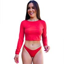 Conjunto Top Cropped Manga Longa Com Calcinha Asa Delta Proteção Solar Praia Piscina Segunda Pele Uv 50+