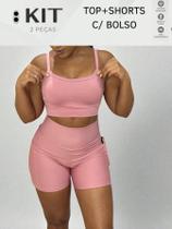 Conjunto top e shorts com BOLSO Fitness Academia Cintura alta Cós Duplo Modelador