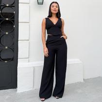 Conjunto Top em V com Calça Pantalona Lívia Tecido Marrant Cor:PretoTamanho:P