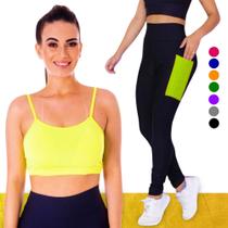 Conjunto Top fitness ALÇA FINA bojo Feminino + CALÇA leg LEGGING BOLSOS Academia Corrida 626