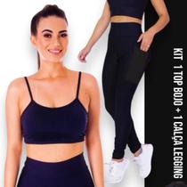 Conjunto Top fitness ALÇA FINA bojo Feminino + Calça LEG LEGGING BOLSOS Academia Corrida 626