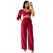 Conjunto Top manga Balonê e Calça em Linhão