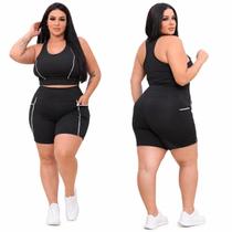 Conjunto Top Nadador Short com Bolso Academia Fitness Plus Size Feminino Suplex Cós Alto Modelador Suplex Zero Transparência Tendencia gringa g1 ao g3