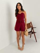 Conjunto Top sem alça Com Botões E Shorts Curto Verão Cor:VinhoTamanho:GG
