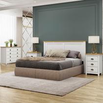 Conjunto Topázio Branco/Carvalho Cabeceira p/ Cama Casal Box 1,60cm, 2 Mesa de Cabeceira, Cômoda Dupla 8 Gavetas Madeira Maciça Pinus - Finestra