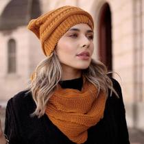 Conjunto Touca Caída Gorro Beanie Masculino E Feminino Com Cachecol Gola Lã Tricô Macio Quentinho