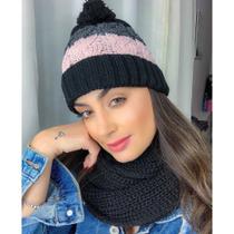 Conjunto Touca Pompom Listrada Com Cachecol Gola Lã Macio Quentinho - Suprema Opção