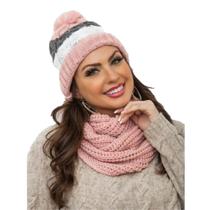 Conjunto Touca Pompom Listrada Com Cachecol Gola Lã Macio Quentinho