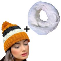 Conjunto Touca Pompom Listrada Com Cachecol Gola Lã Macio Quentinho - Suprema Opção