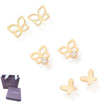 Conjunto Três Brincos Borboletas Rommanel Banhados A Ouro 18k Conjunto Três Brincos Borboletas Rommanel Banhados A Ouro 18k