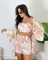 Conjunto três peças trijunto kimono cropped e short estampas variadas trio de peças