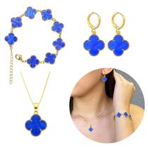 Conjunto Trevo Ouro 18k AZUL Modelo Virginia Banhado Moda