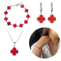 Conjunto Trevo Vermelho Prata 925 Modelo Virginia Banhado