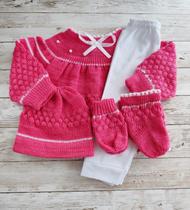 Conjunto Tricô De Bebê Casaco Pérola LUXO Calça Gorro Luva E Meia