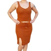 Conjunto Tricô Modal: Saia Midi com Fenda + Cropped Regata