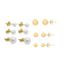 Conjunto Trio de Brincos Perola e Bolinha Lisa Folheado a Ouro 18k