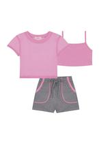 Conjunto Trio de Top Blusa Boxy Tule Shorts Moletom Infantil Menina Kukiê Conjunto Trio de Top Blusa Boxy Tule Shorts Moletom Infantil Menina Kukiê
