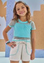 Conjunto Trio de Top Canelado Blusa Boxy em Tule e Shorts Linho Delux Kukiê