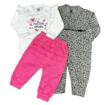 Conjunto trio Espevitados - body bebê longo branco, calça rosa e macacão estampado flores-3 peças