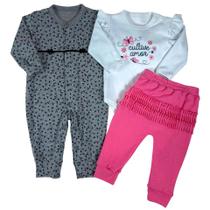 Conjunto trio Espevitados - body bebê longo branco, calça rosa e macacão estampado flores-3 peças