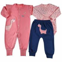 Conjunto trio Espevitados - body longo rosa estampado dino, calça marinho bordado dino e macacão rosa bordado dino - 3 peças