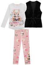 Conjunto Trio Infantil Blusa Alongada em Cotton Legging em Molecotton Ursinho Tea Party e Colete em Pelo Liso Princess