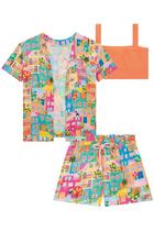 Conjunto Trio Infantil Kimono e Shorts em Viscose Casinhas Coloridas e Top em Canelado Trançado Flora by Infanti